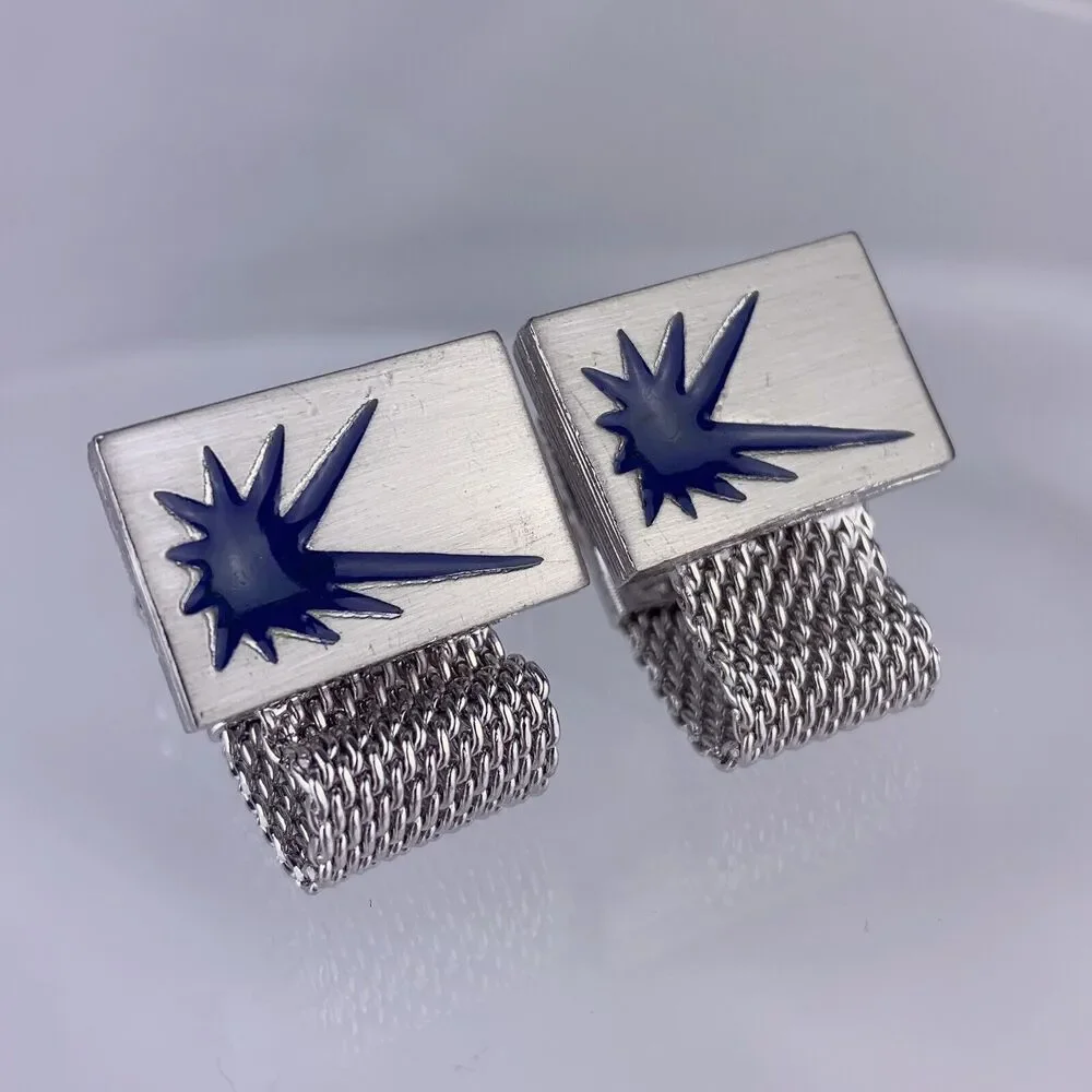 Abstract Comic Book Bubble Mesh Wrap Cufflinks Blue Silver Tone Hickok VTG O1